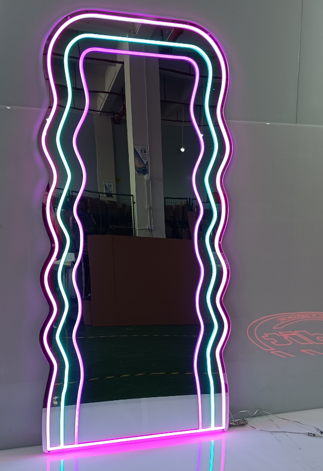 Wavy LED Neon Mirror, Custom Mirror Led Sign, Multicolor Neon Sign For Beauty Shop, Nail Salon, Spa, Lashes & Brows Studio, Full Body Mirror