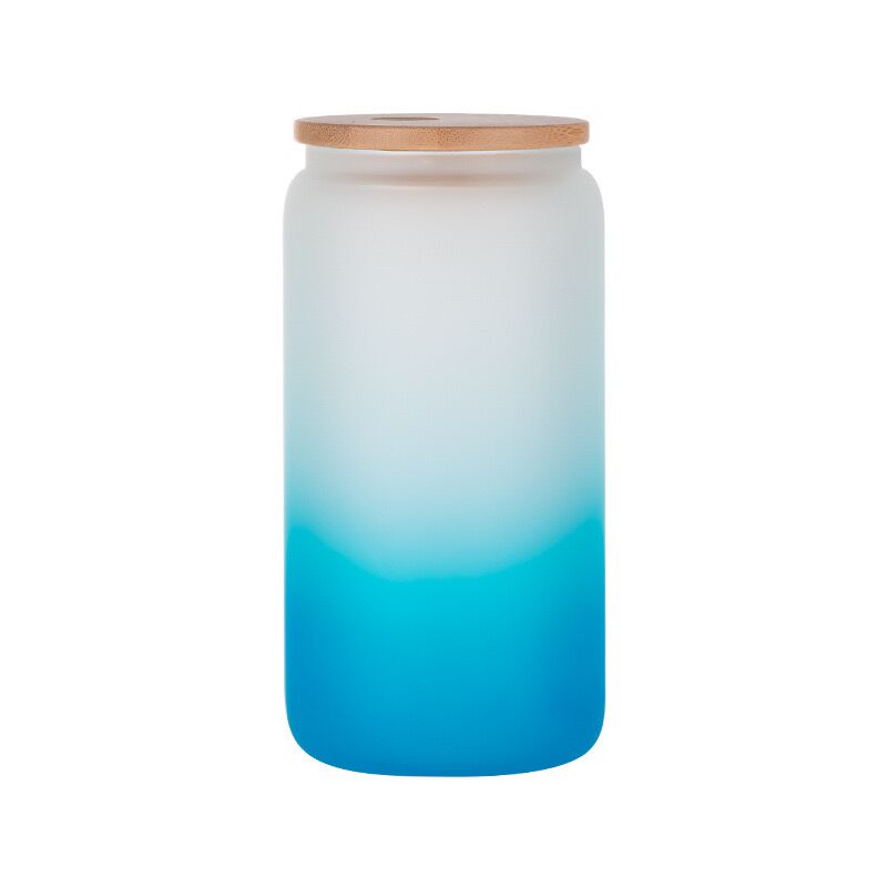 16oz Gradient Color Sublimation Glass Can Jar Beer Juice Beer Drinking Cup With Bamboo Lid