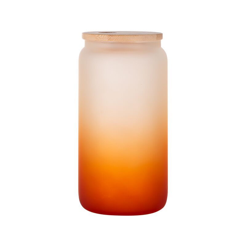 16oz Gradient Color Sublimation Glass Can Jar Beer Juice Beer Drinking Cup With Bamboo Lid