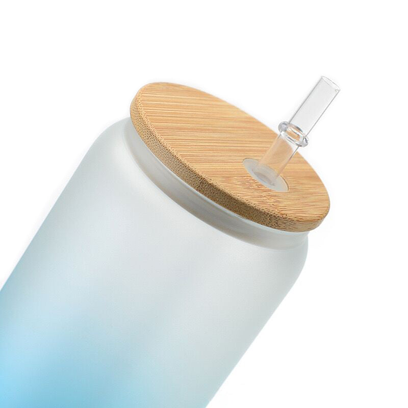 16oz Gradient Color Sublimation Glass Can Jar Beer Juice Beer Drinking Cup With Bamboo Lid