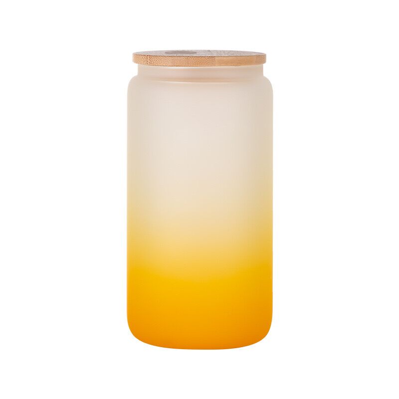 16oz Gradient Color Sublimation Glass Can Jar Beer Juice Beer Drinking Cup With Bamboo Lid